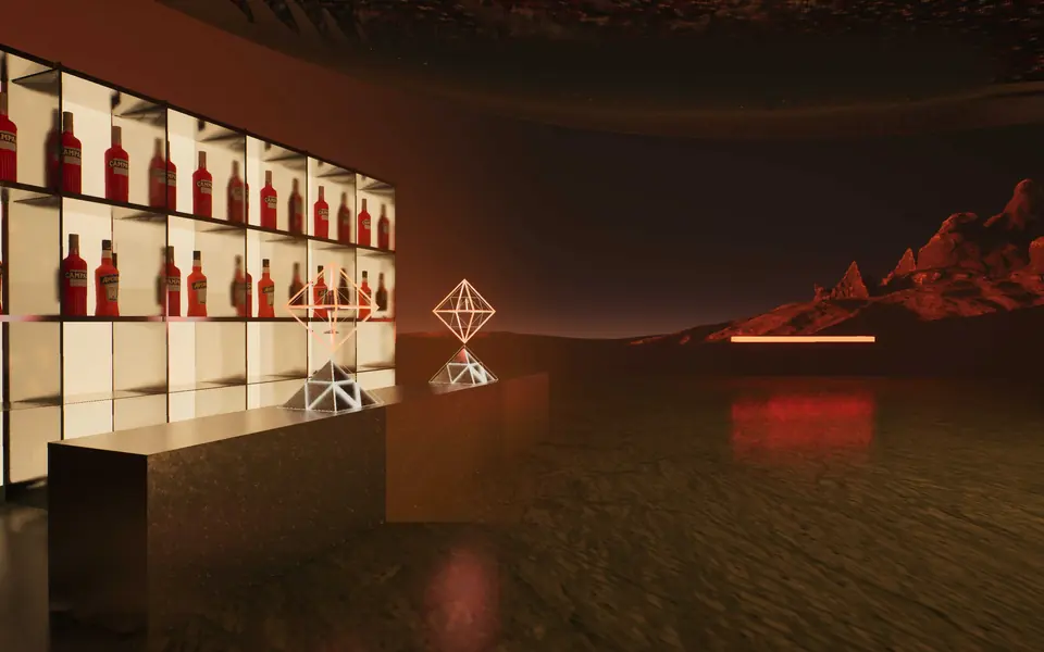 Bar Alto: a long bar with backlit shelves of red Campari bottles, looking out over Martian hills.