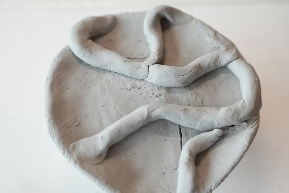 A round clay plate divided by raised, winding channels.