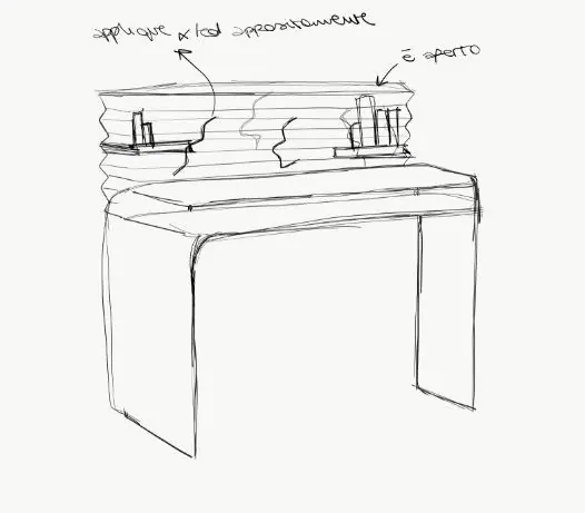 A pencil concept sketch of the desk with a pleated partition and notes in the margin.
