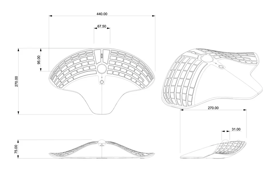 Dimensioned line drawings of the keyboard from above, the side and the front.