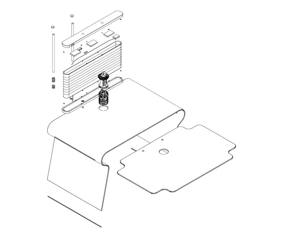 A line drawing of the desk in an exploded view, showing the partition, its rails and the curved glass top.