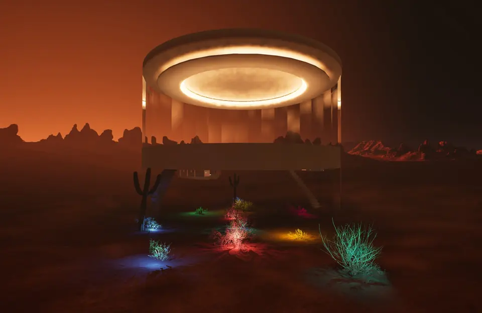 A glass cylinder crowned by a ring of light stands in a dark garden on Mars, with glowing plants at its foot.