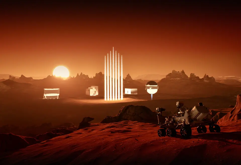 A Martian plain at sunset: a white-lit column of vertical bars, small pavilions and a rover on red rock.