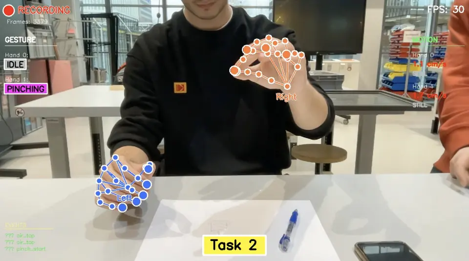 A hand-tracking view with dots on each finger joint over a table, labelled Task 2.
