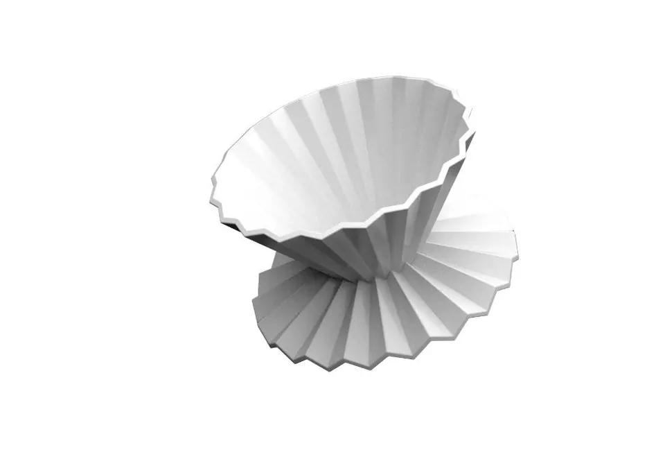 A white 3D model of the pleated dripper, seen from the side and above.