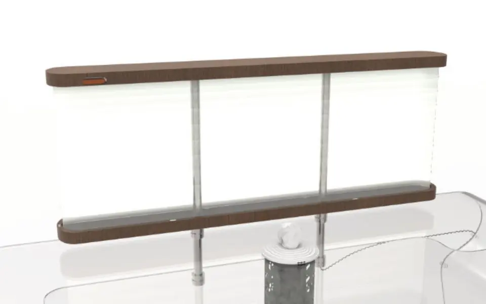 The desk's light partition: a pleated translucent screen between two wooden rails.
