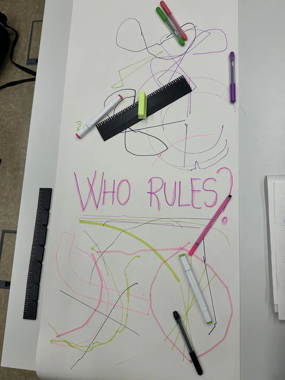 Coloured marker lines and the words WHO RULES? on a paper roll, with rulers and markers lying on it.