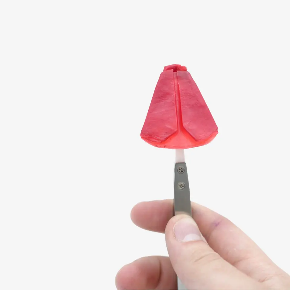 A small red film folded into a pointed shape, held up with tweezers.
