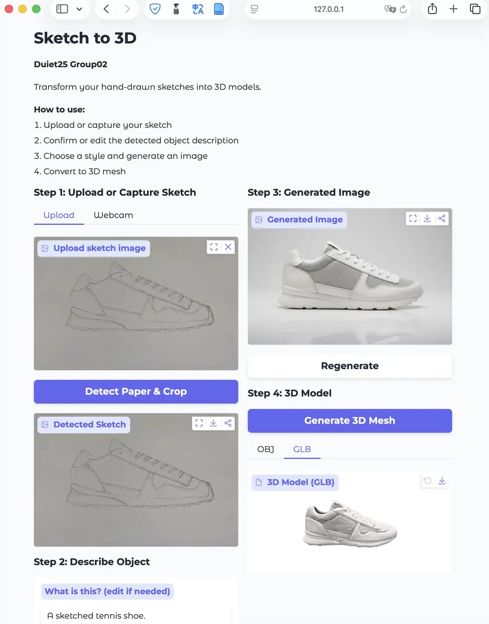 A web interface: a sketch of a sneaker uploaded on the left, a generated 3D mesh on the right.