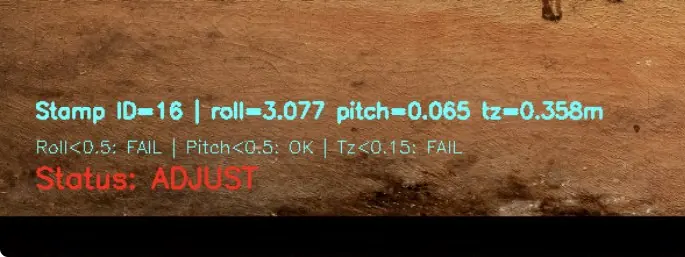 A debug view over a wooden table reads: Stamp ID 16, roll 3.077, pitch 0.065; roll FAIL, pitch OK; status ADJUST.