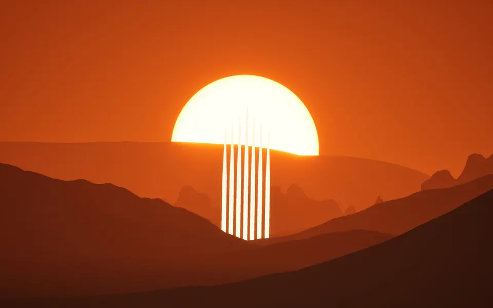 A half sun rising behind a red ridge, with white vertical bars hanging beneath it.