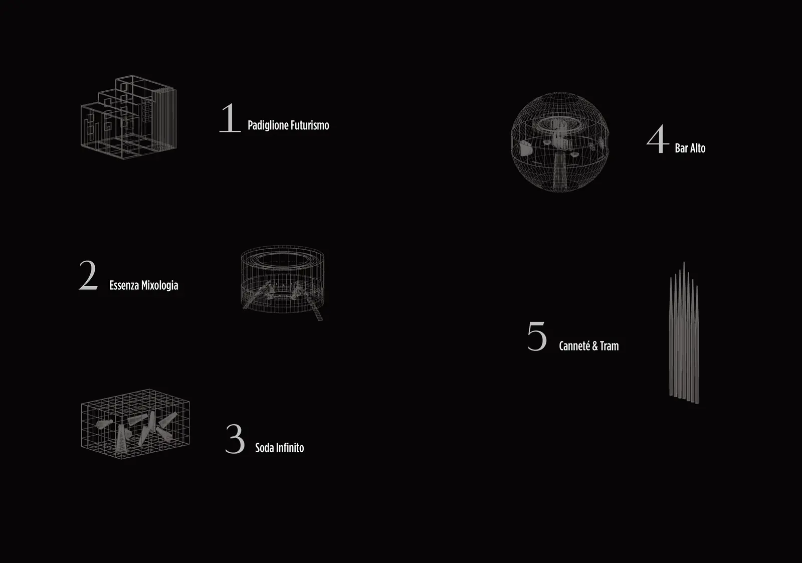 Five small white wireframe pavilions numbered 1 to 5 on a black spread.