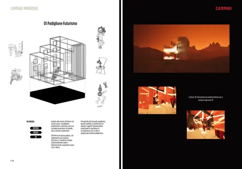 A wireframe pavilion with keyword tags on the left; renders of a red-lit pavilion on Mars on the right.
