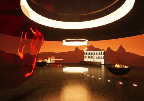 A full-bleed render: a ring of light above a glowing bar, a red liquid sculpture and fire bowls on dark ground.