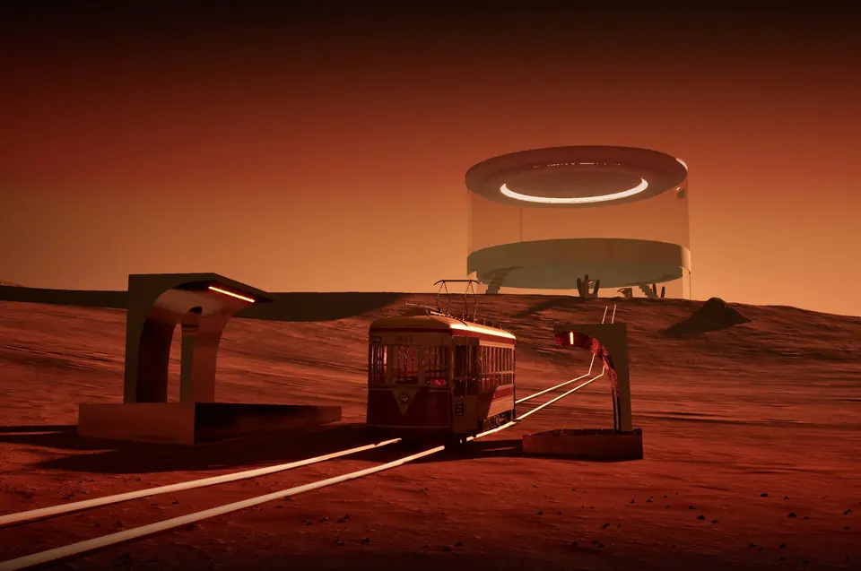A Milano-style tram crossing the Martian desert on glowing rails towards a glass pavilion.
